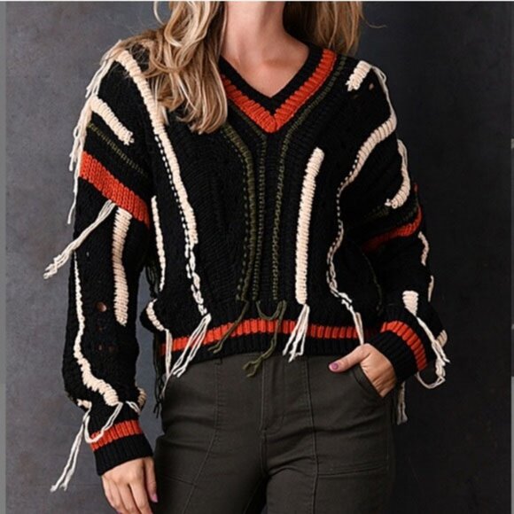 Elan Knitted Fringed Chunky Boho Sweater - Picture 2 of 9